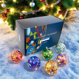 6 palline di Natale Classic in Vetro Soffiate e Lavorate a Mano con Murrine di Murano, linea “I Colori di Murano” Made in Italy